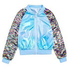 GIRLS SEQUIN BOMBER JACKET METALIC BLUE SIZE 5T